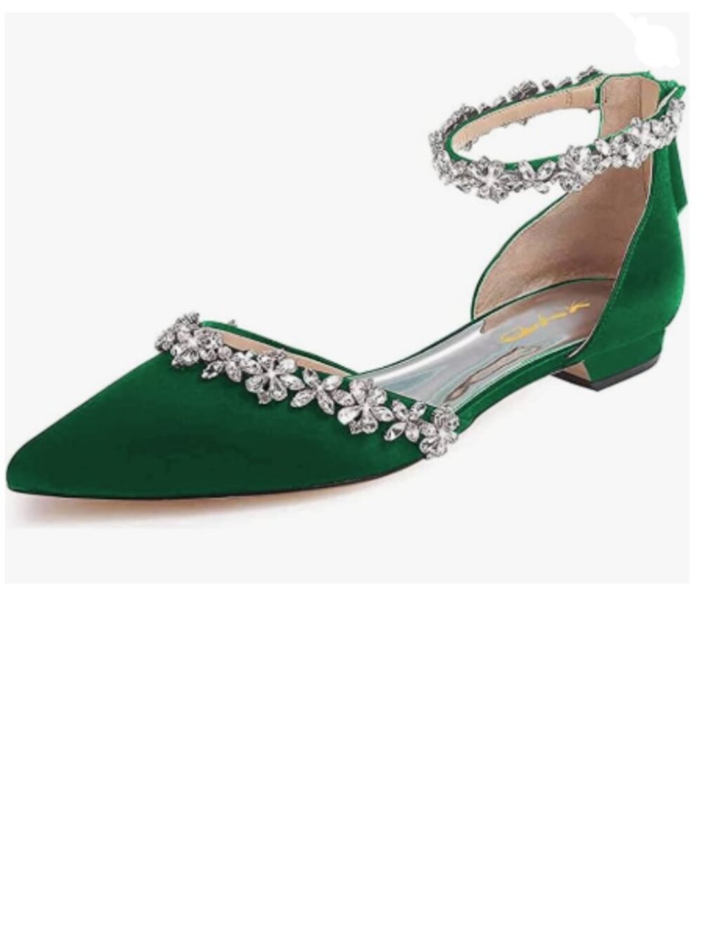XYD Dark Green Pointed Toe Wedding Sandals Sparkly Rhinestones Ankle Strap Shoes